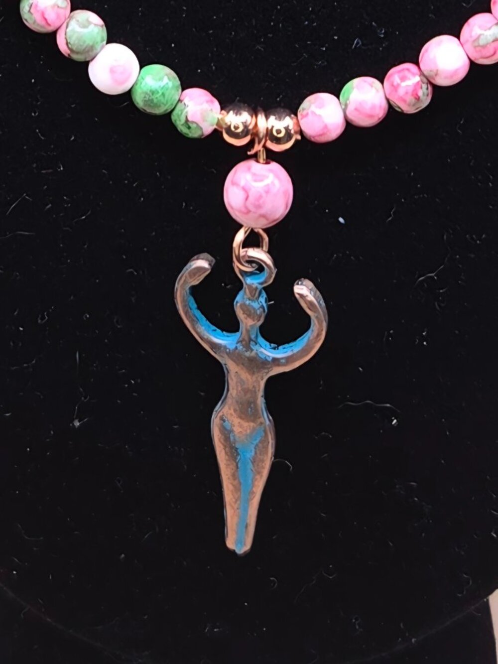 Pink and Green Rain Flower Jade and Copper Beaded Necklace with Goddess Pendant - Picture 2 of 6